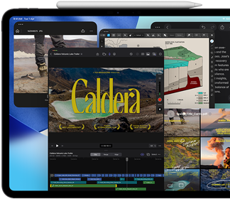 iPad Pro, front exterior, landscape orientation, space black color, Apple Pencil resting atop device, display showing multiple app windows tiled, including Final Cut Pro with multiple video editing features and timeline, Maps, Notes, and various media clips