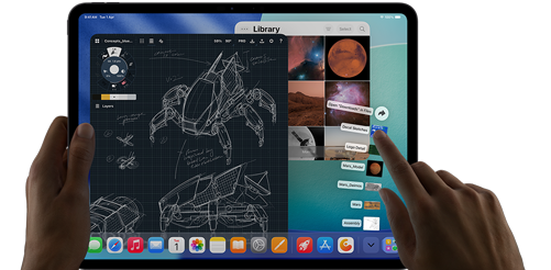 iPad Pro, space black color, left hand holding device, right hand pointing gesturing to manipulate multiple open app windows, a drawing app with sketches of mechanical designs, photos library of planets and space images, downloads folder files fanned out